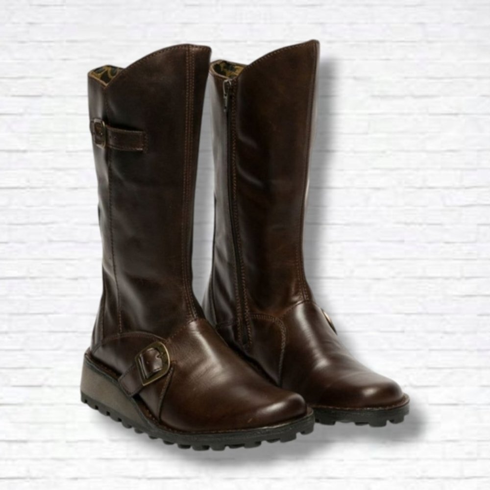 Fly London Dark Brown MES 2 Buckle Boots Side Zipper Size 38 EU/7-7.5 US
